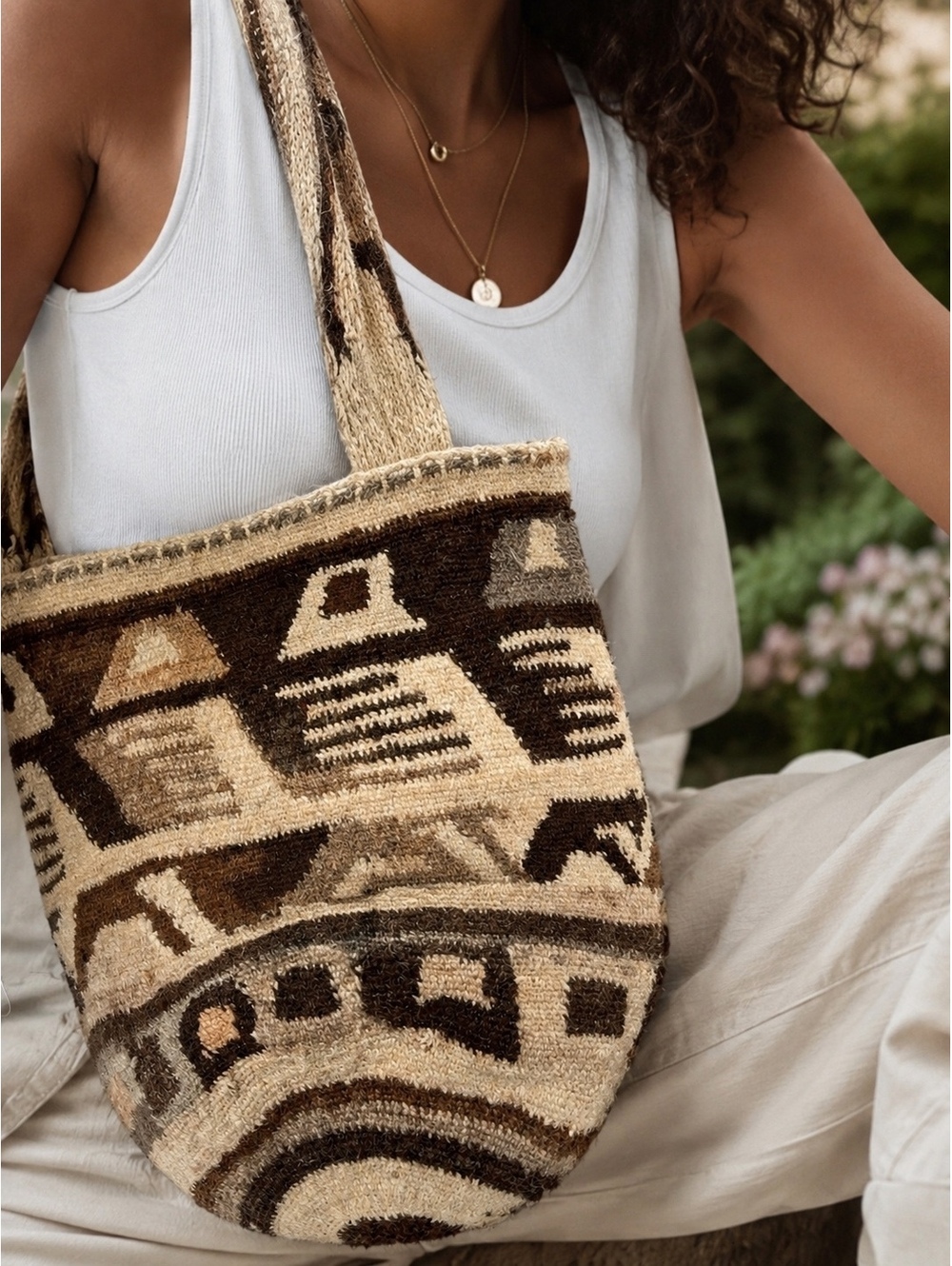 Handmade Wool Woven Boho Shoulder Tote Bag Geometric Brown Beige